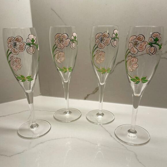 Perrier Jouet Champagne Flutes glasses set of 4 Belle Epoque Pink Gold Flowers - Picture 2 of 7